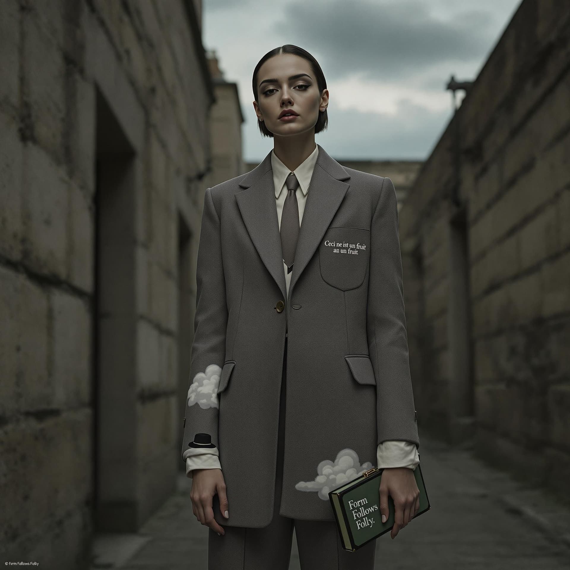 AI generated: A cinematic, realistic fashion portrait of a woman wearing a surrealist outfit inspired by René Magr...