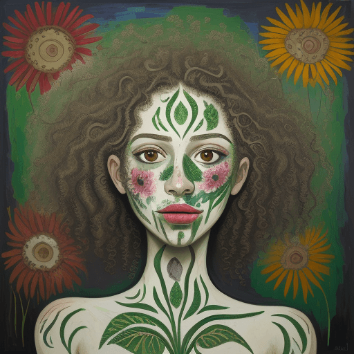 AI generated: expressionism painting of woman face, flower printed skin, flower patterns on face, green stem patte...