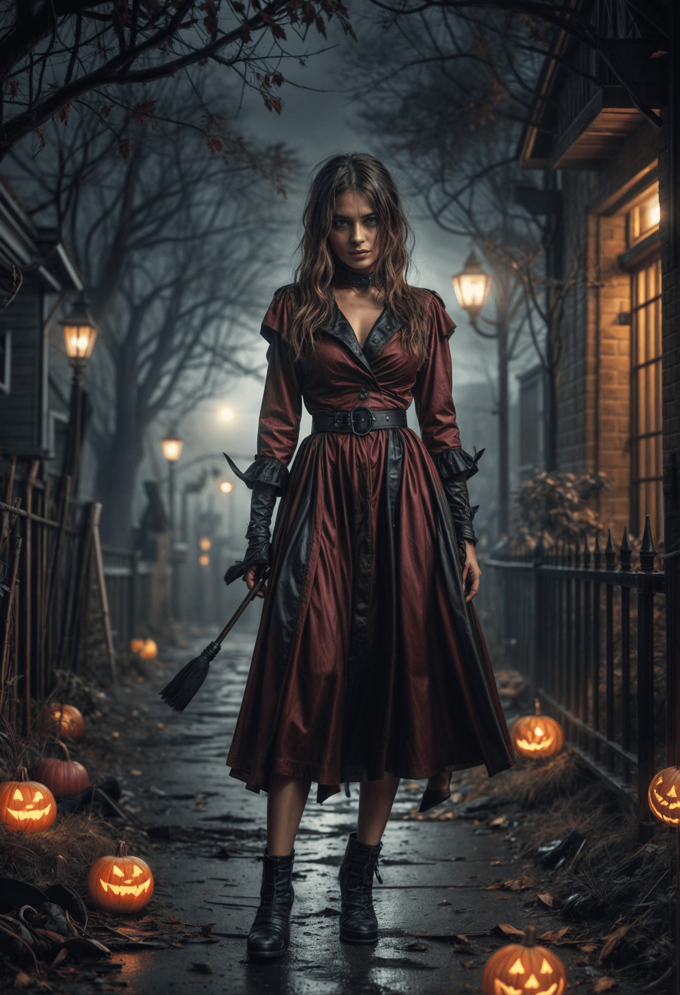 AI generated:  its a stylized Halloween-themed photograph featuring a woman in a long, black dress with a corset-s...
