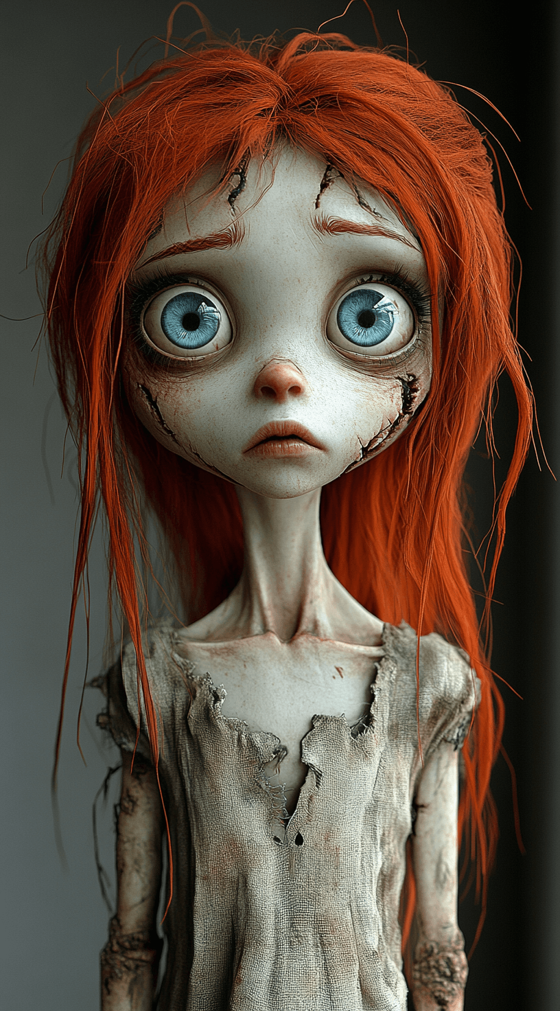 AI generated: A cute little zombie girl with big blue eyes and red hair, wearing an old dress made of tattered fab...