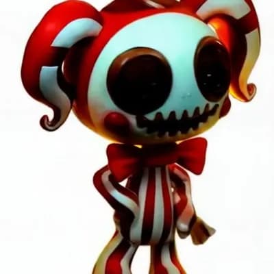 AI generated video: A creepy cute toy mascot character with a big head and tiny striped body in red and white. It has hu...