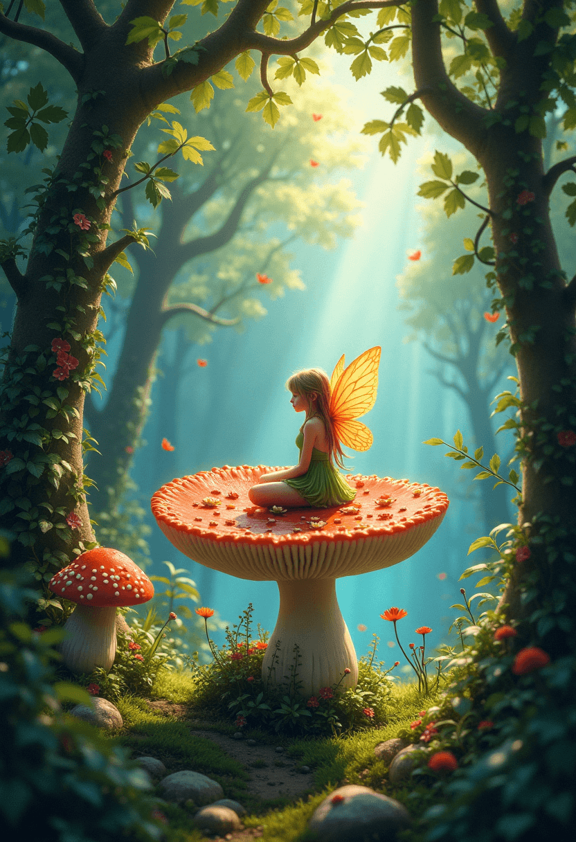 AI generated: A fairy perched on a toadstool in an English garden at mid-day, with a hidden grotto behind. Violets...