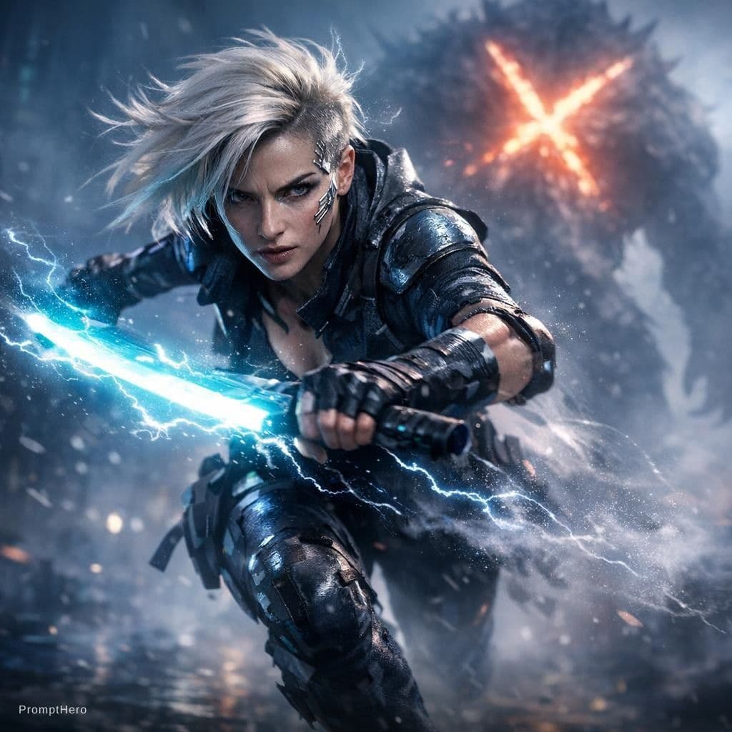 AI generated: Dramatic epic science fiction scene, full-body shot, low tilted angle (dynamic dutch angle). A fierc...