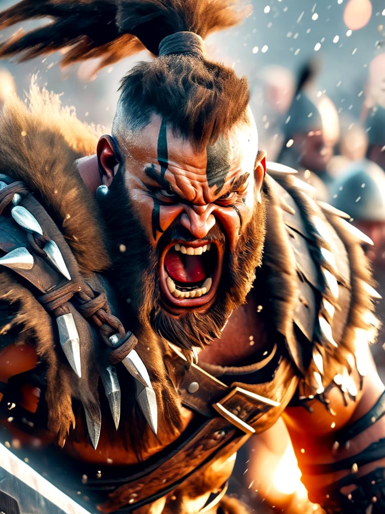 AI generated: Fighting action close-up shot of a male barbarian with a battle-axe charging into battle, battle-cry...