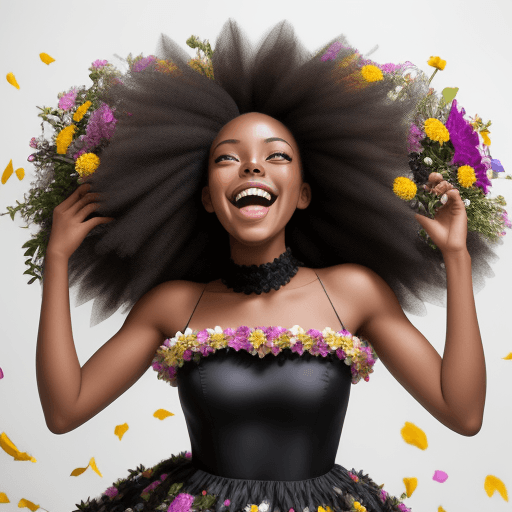 AI generated: black super female model laughing with a dress made of flowers in a photoshoot
