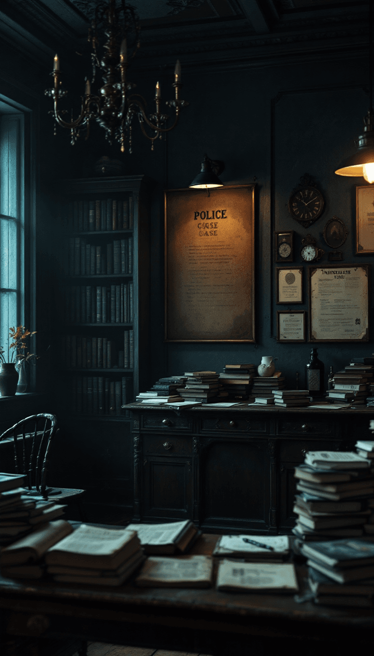 AI generated: create a background of a empty Victorian Police station, make it dimly lit and atmospheric, bookshel...