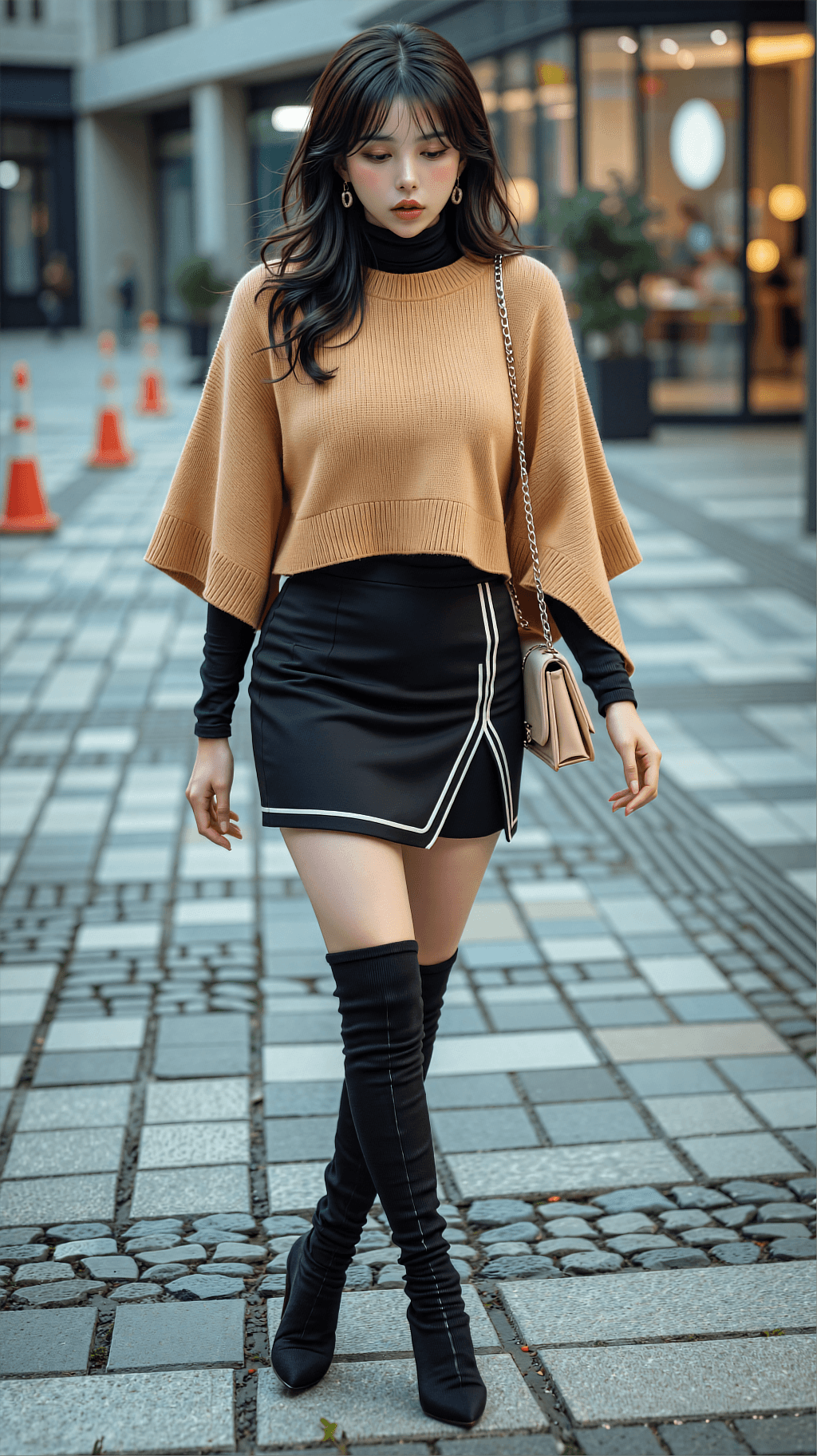 AI generated: A full-body photorealistic fashion portrait of a stylish Asian woman walking through a modern city p...