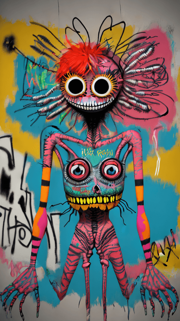 AI generated: graffitied on the wall invision my imaginary friend a Absurd Embroidery bird head spider legs red or...