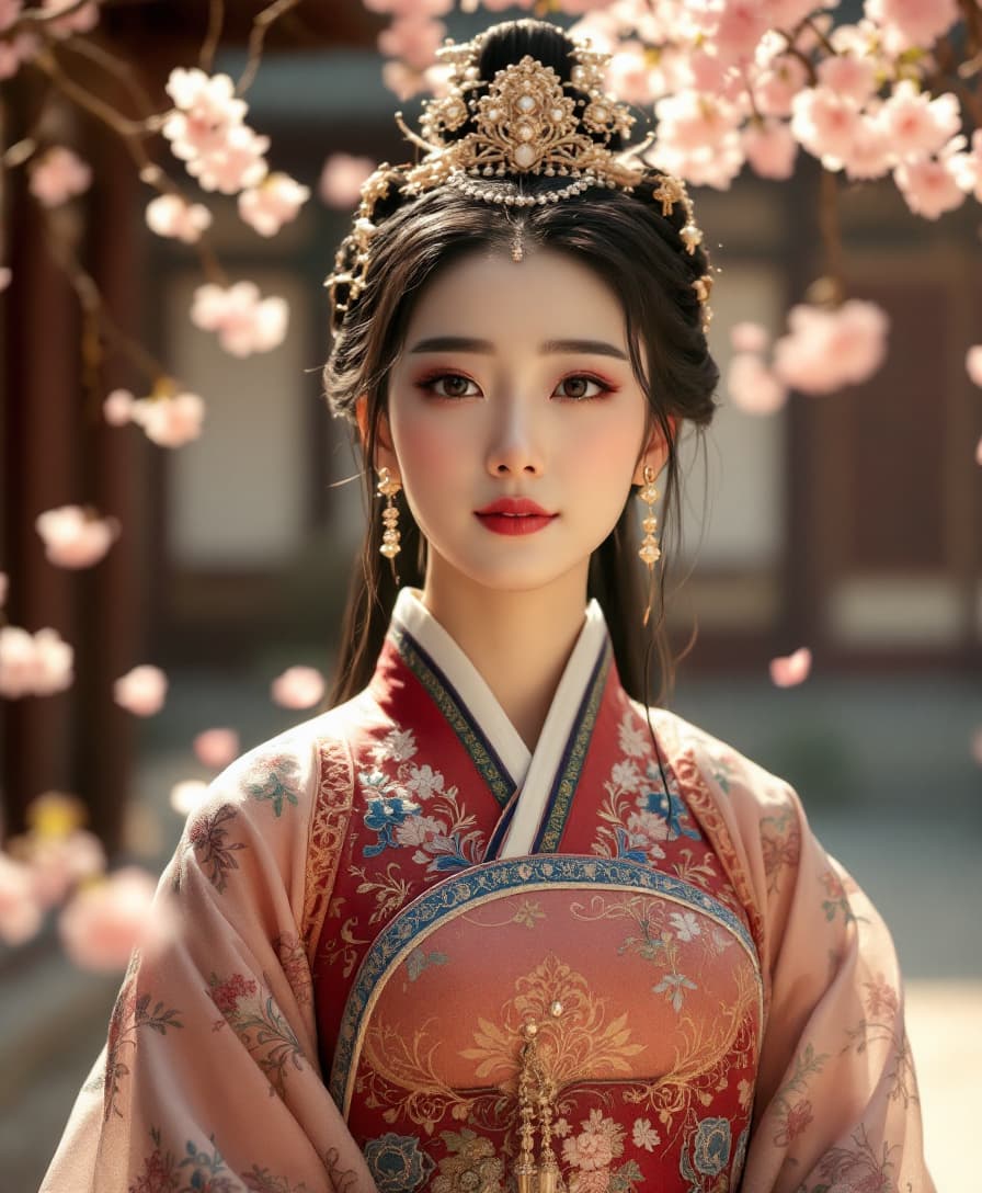 AI generated: A regal Korean queen wearing a luxurious hanbok with intricate embroidery, standing in a traditional...