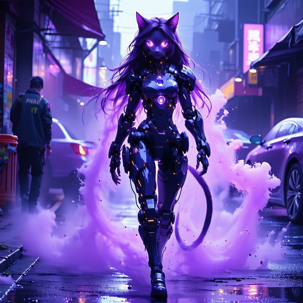 AI generated: A digital drawing of a female cat girl, full body, walking on the street at night, with purple eyes,...