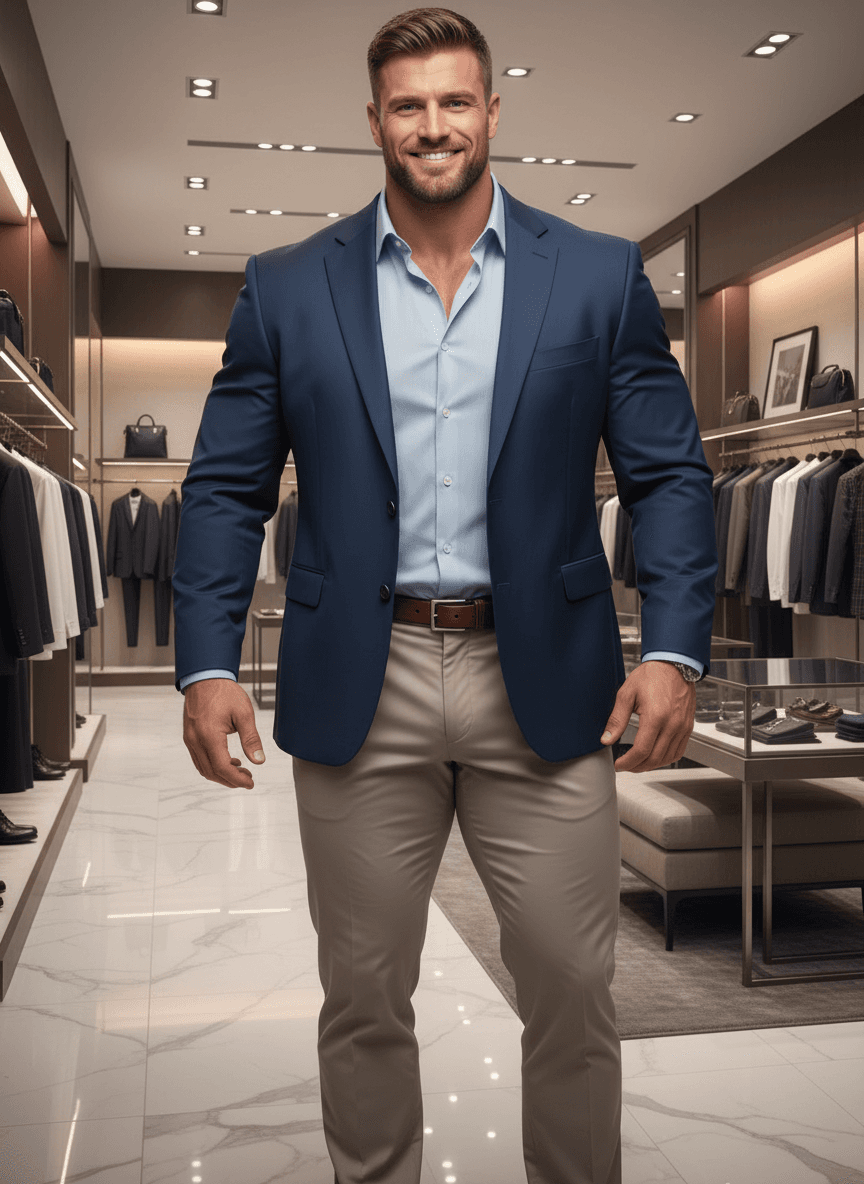 AI generated: At a very luxurious clothing store. His pants are beige, he has a dress baby blue shirt long sleeve....