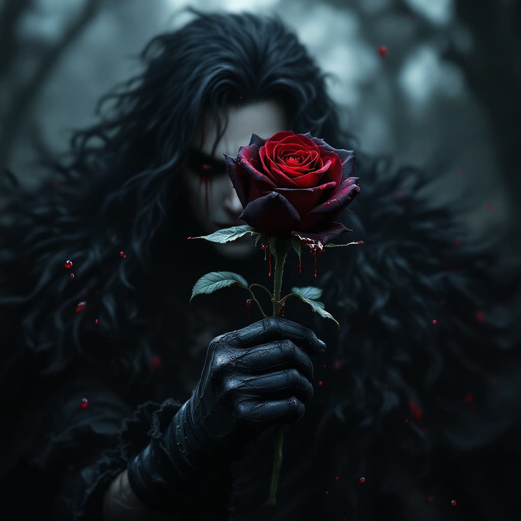 AI generated: a black wonan fairy tail hold a black rose with blood