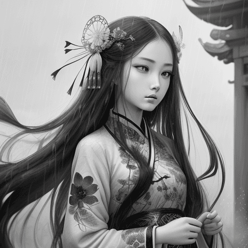 AI generated: dramatic angle,(fluttered detailed ink splashs), (illustration),(((1 girl))),(long hair),(rain:0.6），...