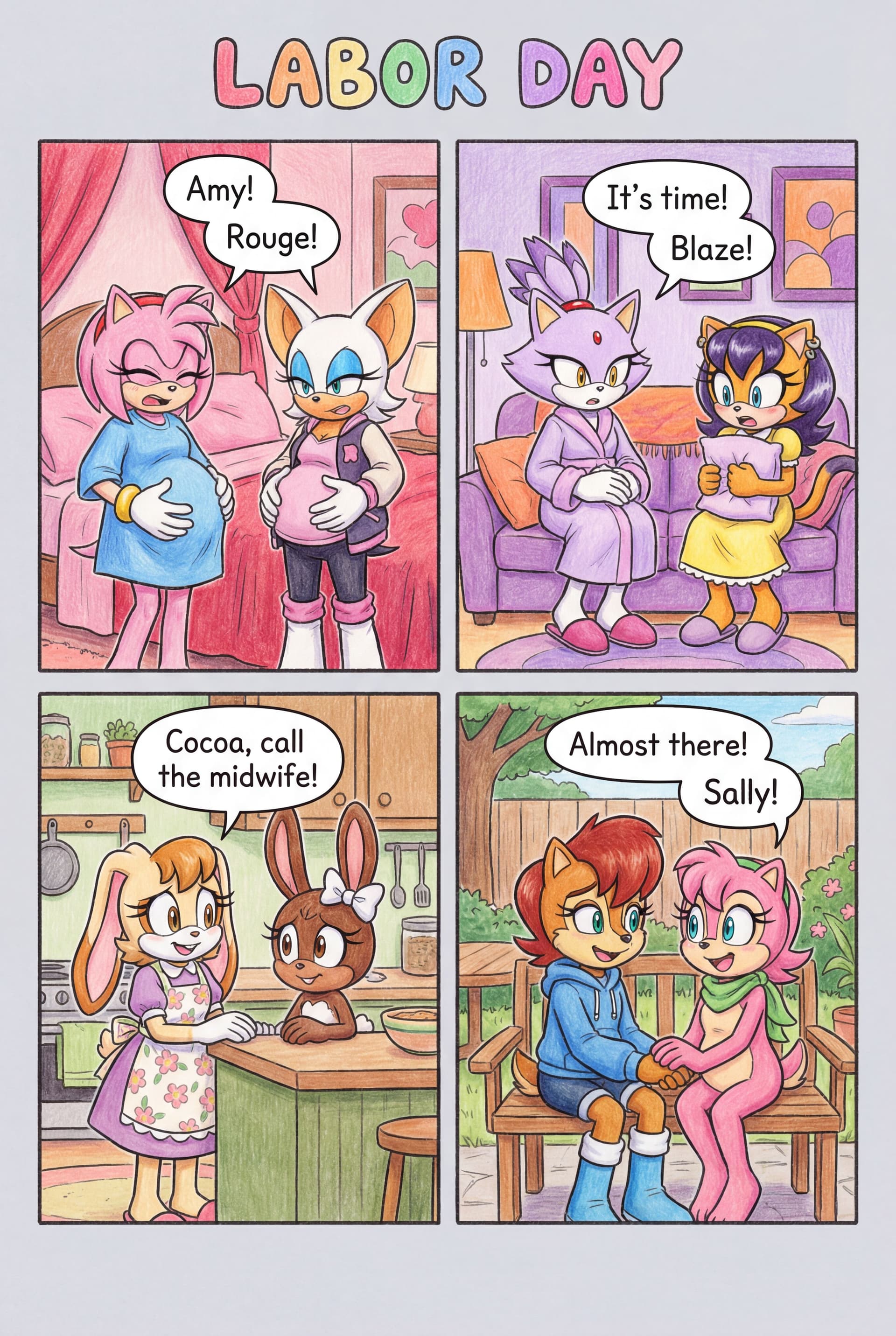 AI generated: Sonic pregnant Lesbian couple character fanart, labor pain same time, panel 1: pregnant amy rose x p...