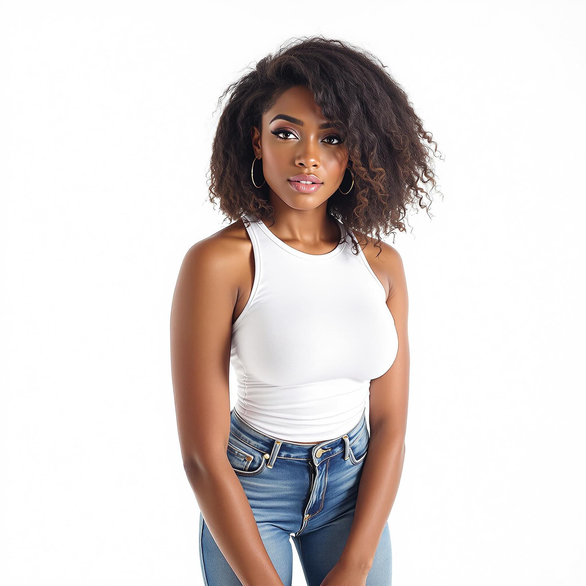 AI generated: Big bust slender brown woman with natural shoulder level hairstyle, wearing a white Racerback Tank T...