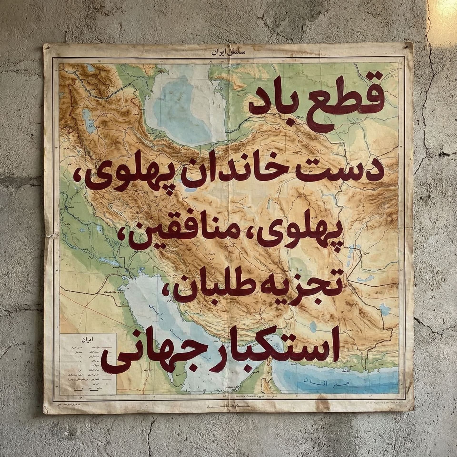 AI generated: روی نقشه ایران بصورت عمودی هست روی دیوار بنویس قطع باد دست خاندان پهلوی، منافقین، تجزیه طلبان،استکبا...