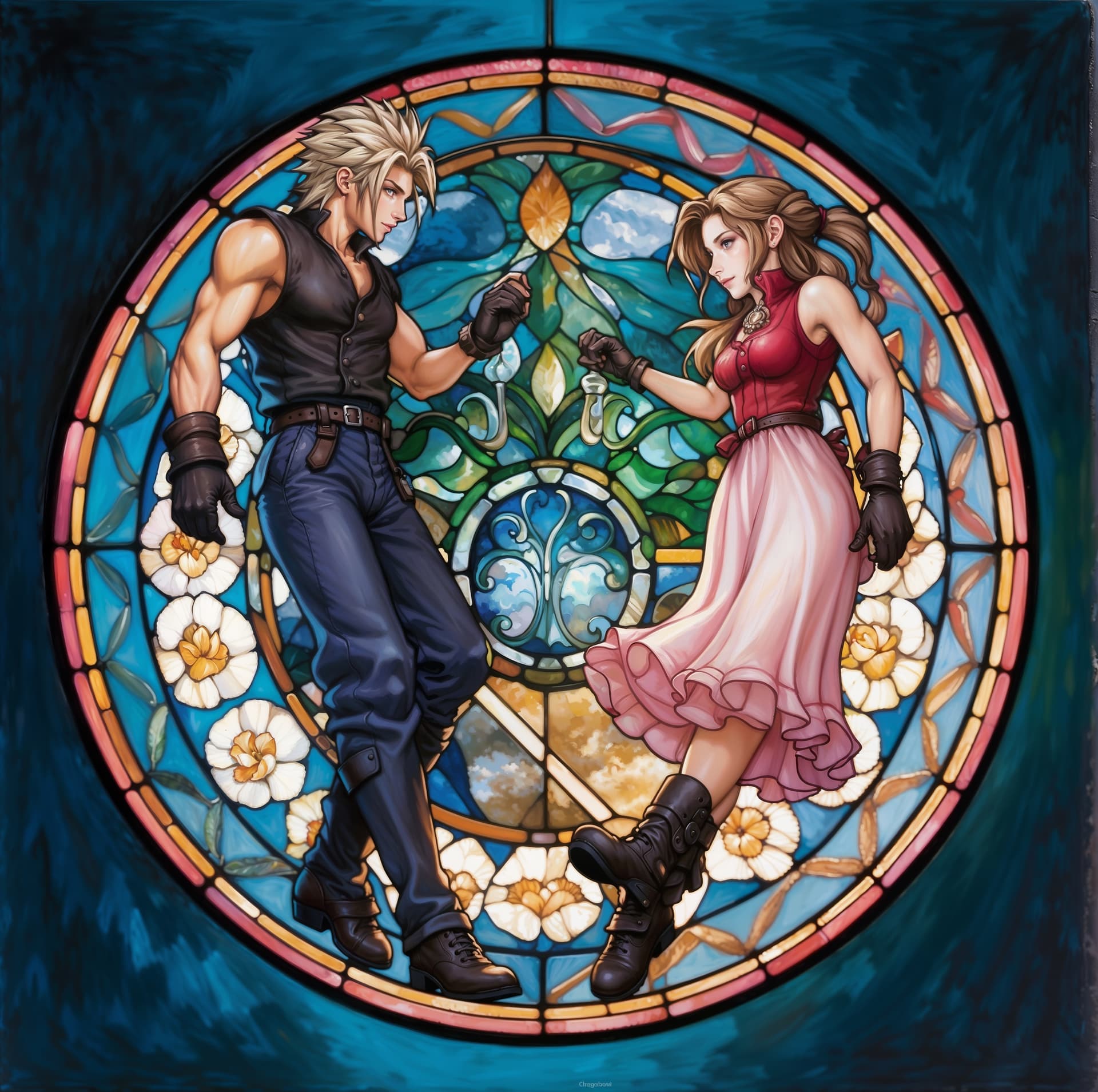 AI generated: In ethereal stained glass, the beloved Final Fantasy characters Aerith and Cloud are depicted as a r...