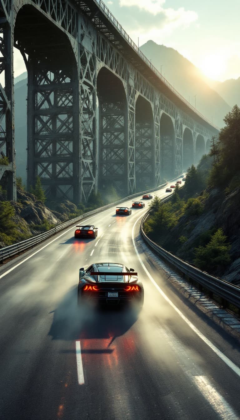 AI generated: Summer.  The race track climbs up the Bulge Bridge, Horror! Failure on the track! There are NO other...