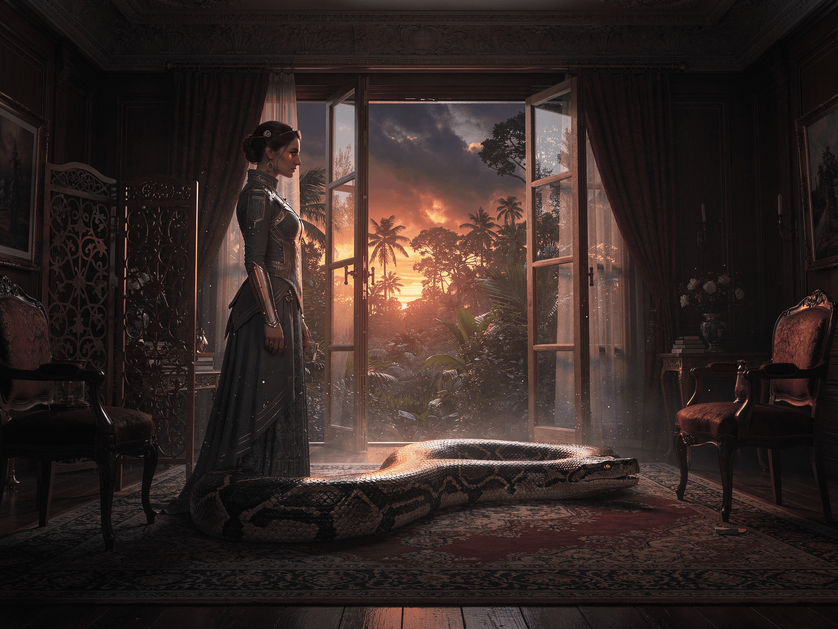 AI generated: Create a beautiful cinematic scene in a stunning Edwardian Drawing-room. The large French windows lo...