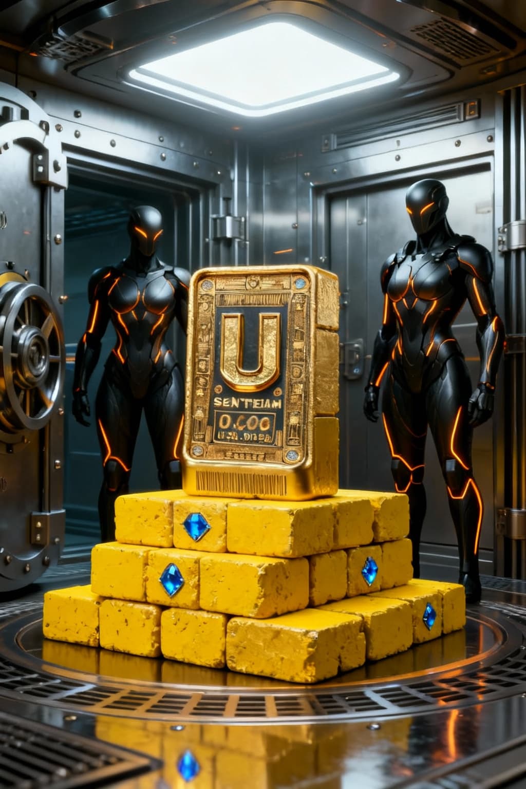 AI generated: Show a vault of stacked gold and yellow  Uniantum Bricks, with two guards guarding them. Unreal Engi...