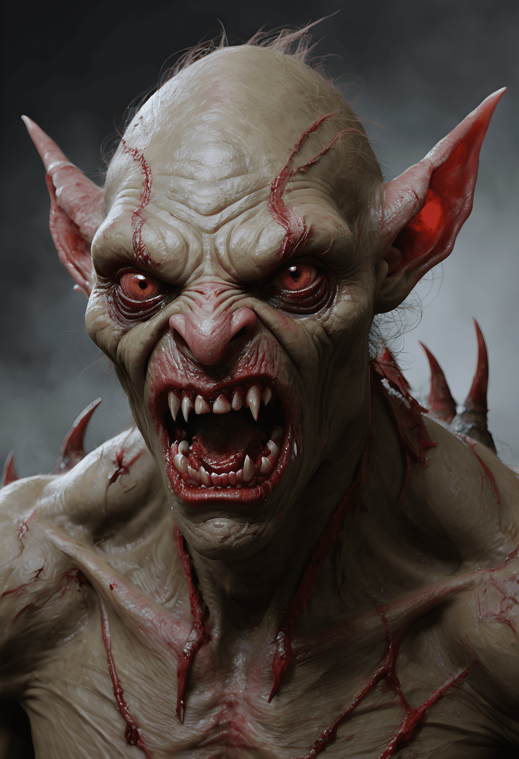 AI generated: Render an intense, tightly cropped portrait study of a sinister goblin creature, its feral features ...