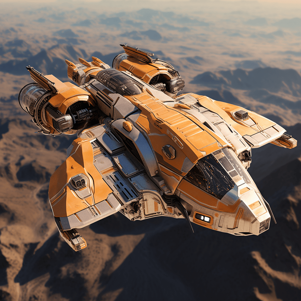 AI generated: a futuristic spacecraft winging through the sky, orange and beige color, in the style of realistic l...