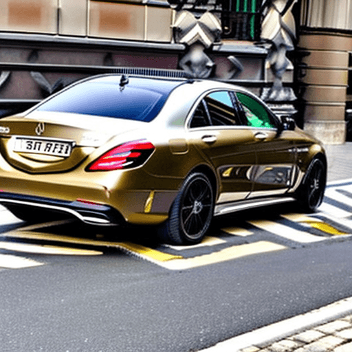 AI generated: one car mercedes with gold color, full size, in center of photo, model e63s amg, year 2023, behind o...