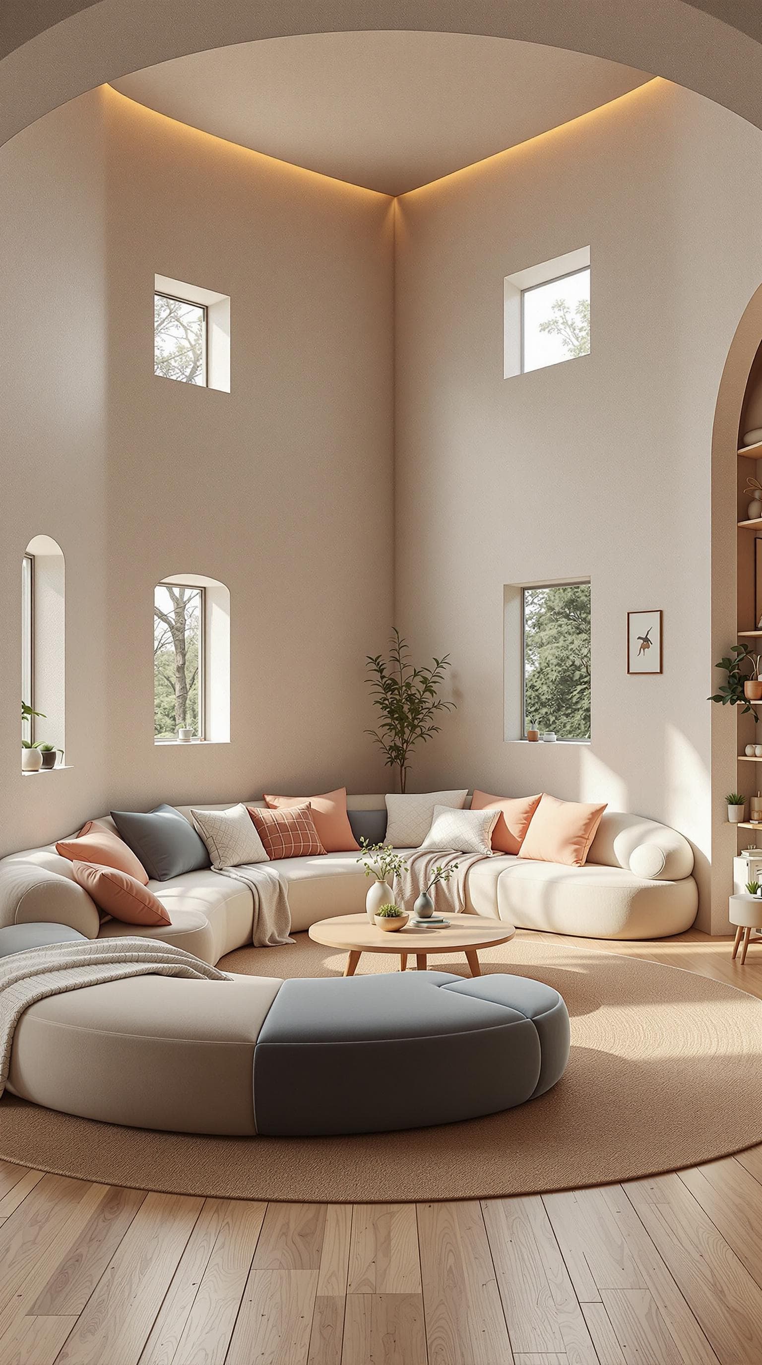 AI generated: High resolution photography interior design, dreamy sunken living room conversation pit, wooden floo...