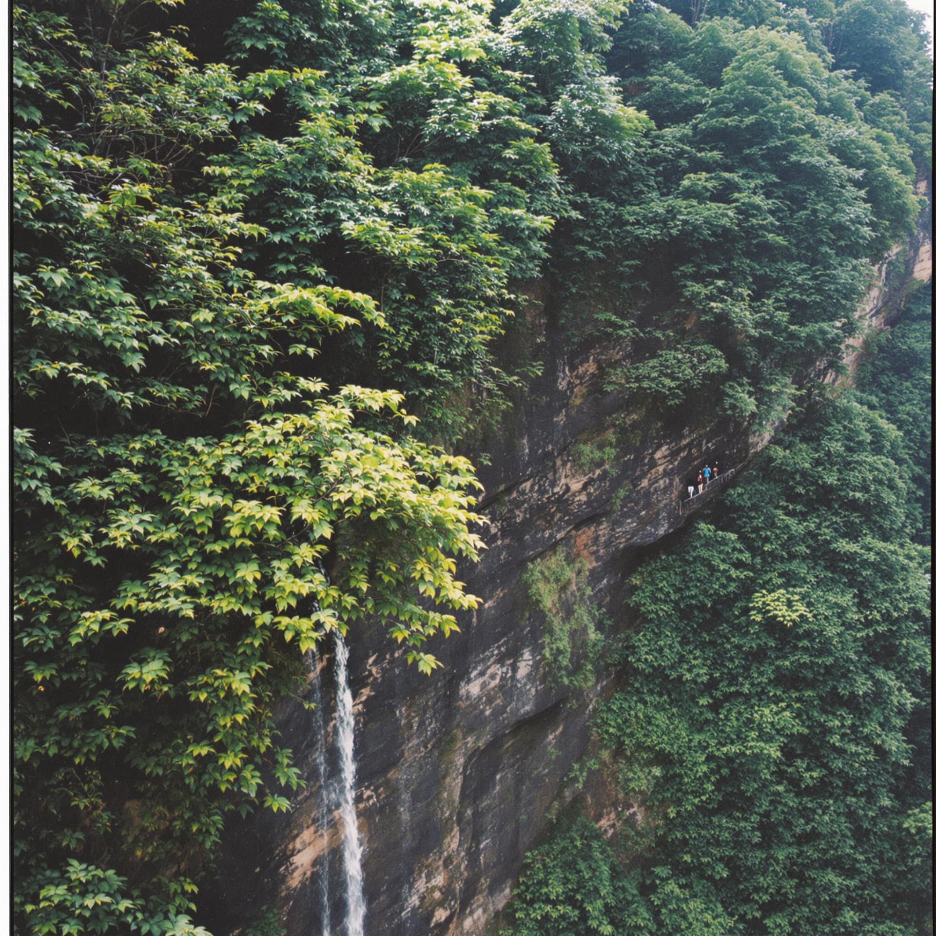 AI generated: madeira hiking, team building retreat, corporate retreat, cliff scenario, lush forest, polaroid, gra...