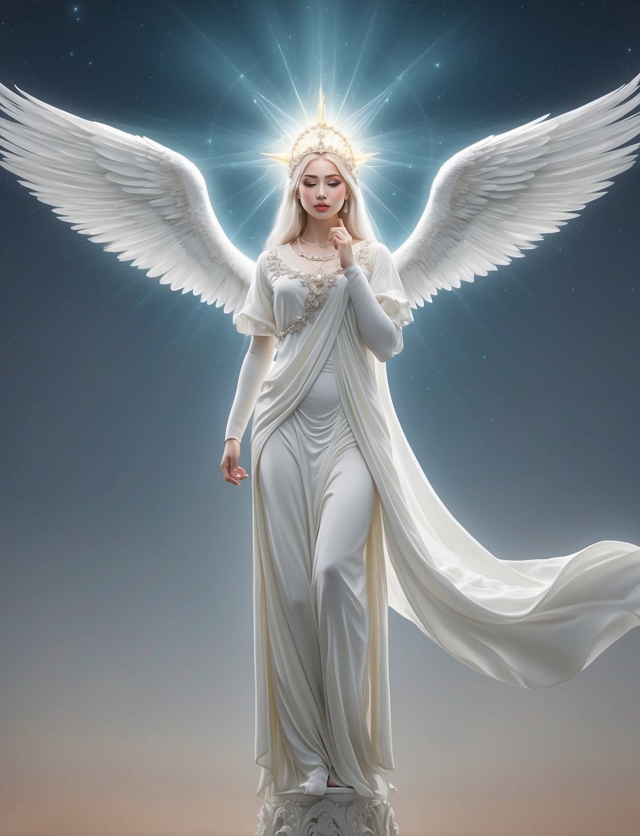 AI generated: "Create a photorealistic image of a celestial and angelic creature from the heavens. Pay meticulous ...
