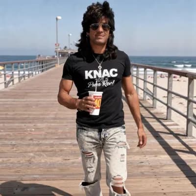 AI generated video: Rock musician walks down pier decking on a nice, as soft breeze blows through his hair on warm sunny...