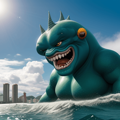 AI generated: monstro aquatico surgindo na praia de copacabana no rio de janeiro, monstro verde, gosmento, loiro, ...