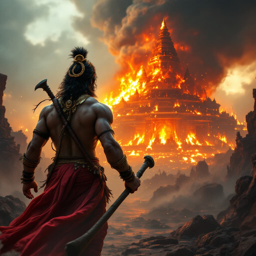 AI generated: Hanuman Looking at the burning Lanka, back angle, hanuman mace in his hand. Cinematic, ultra realist...