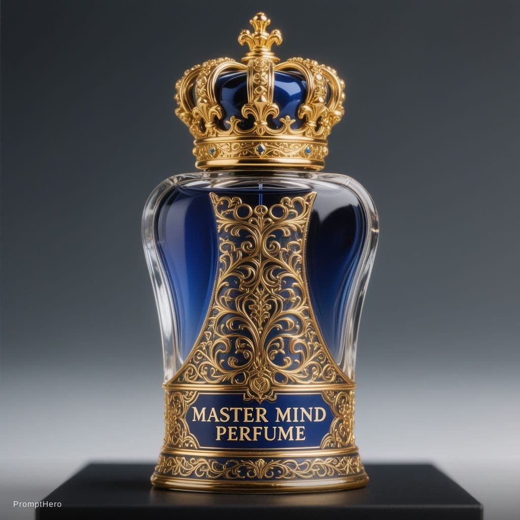 AI generated: A high-end, detailed perfume bottle precisely shaped like a royal chess Queen piece. The main body o...