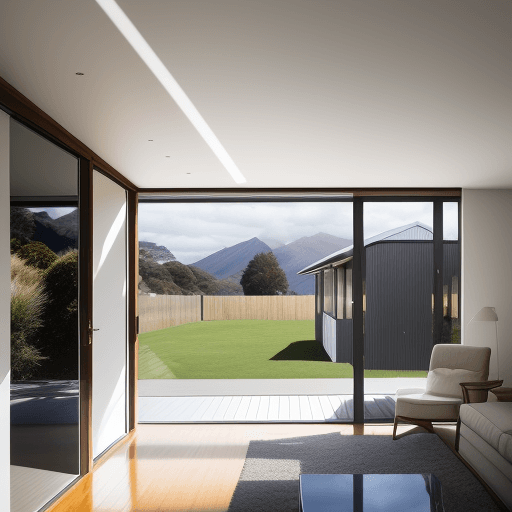 AI generated: lark architects reflect house in new zealand, sunny day, in the style of light reflections, happy at...