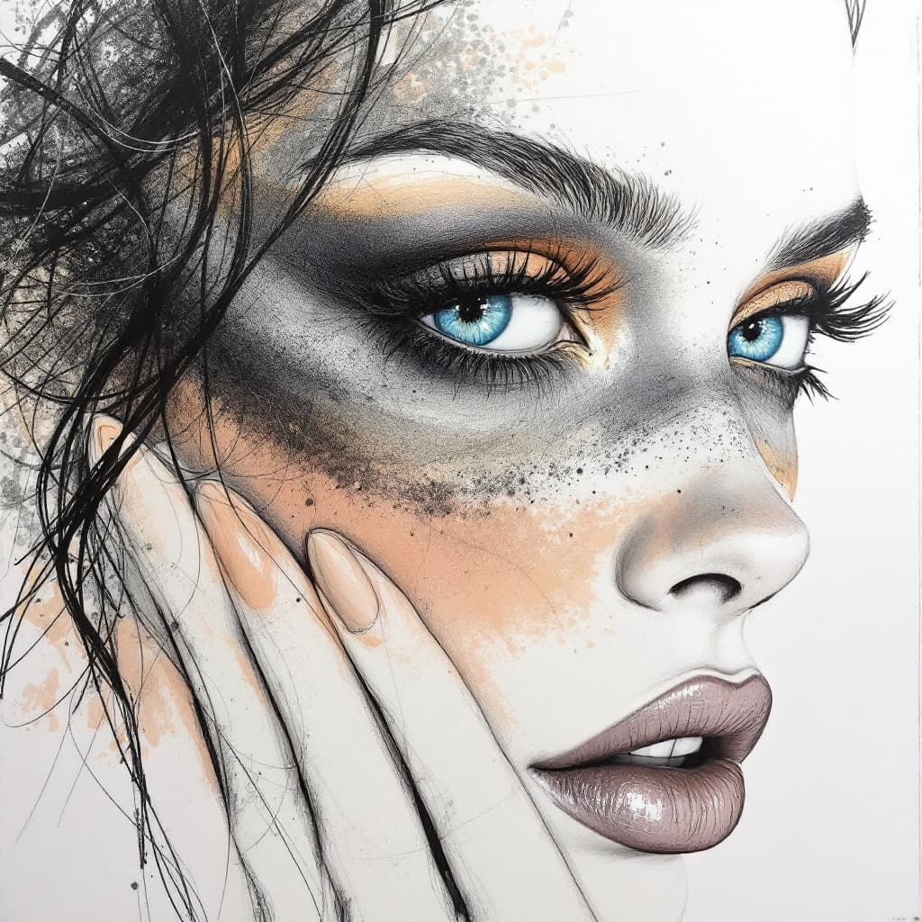 AI generated: a drawing of a woman's face with a velvet eyeshadow, in the style of bold colorful lines, dark beige...