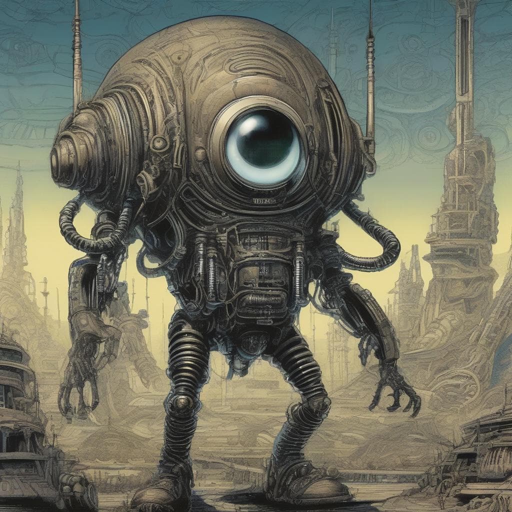 AI generated: A hybrid(cyclops)(Teletubbie) as a dieselpunk astronaut, painting by H.R.Giger, art by Robert Crumb ...