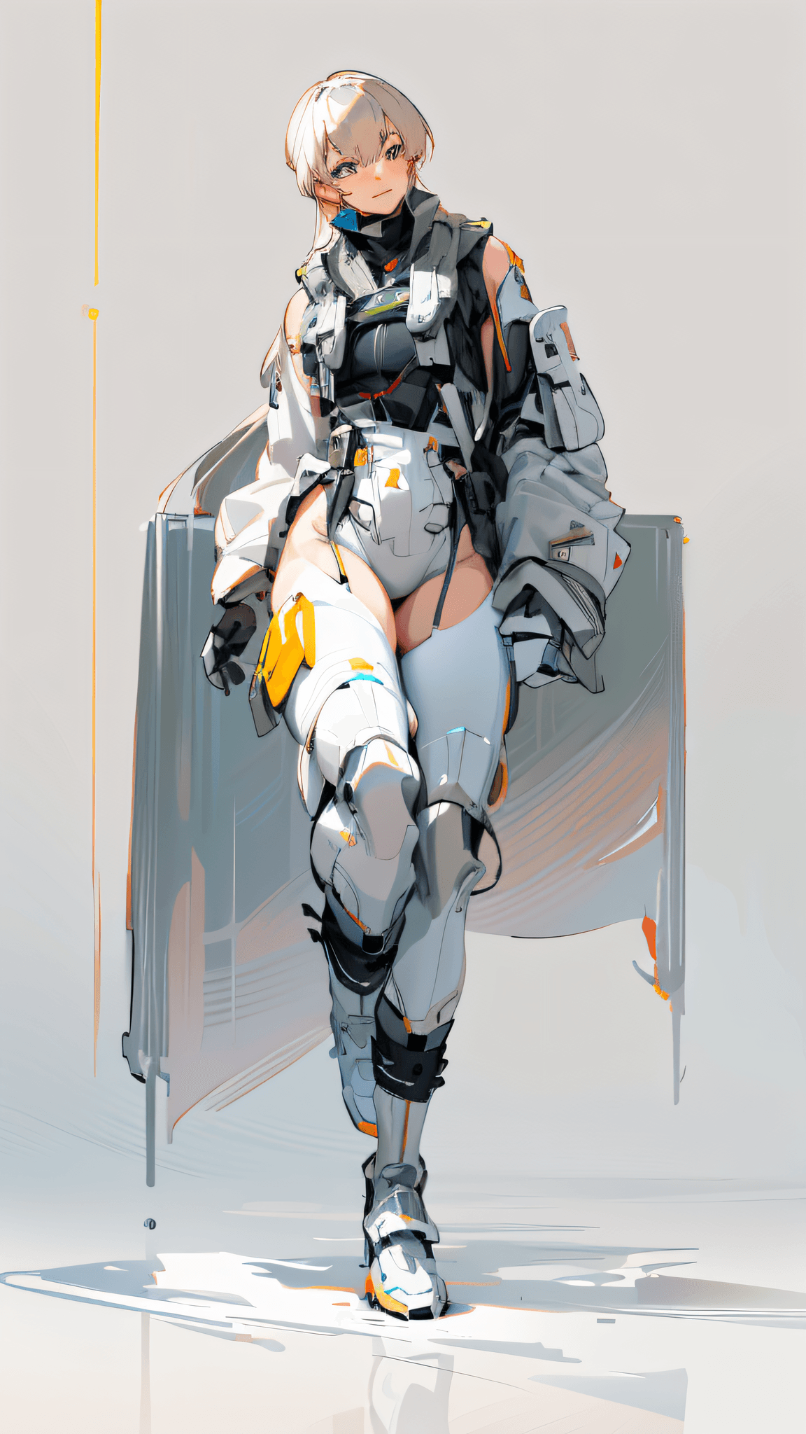 AI generated: anime - style rendering of a woman in a white outfit and boots, in white futuristic armor, glossy wh...