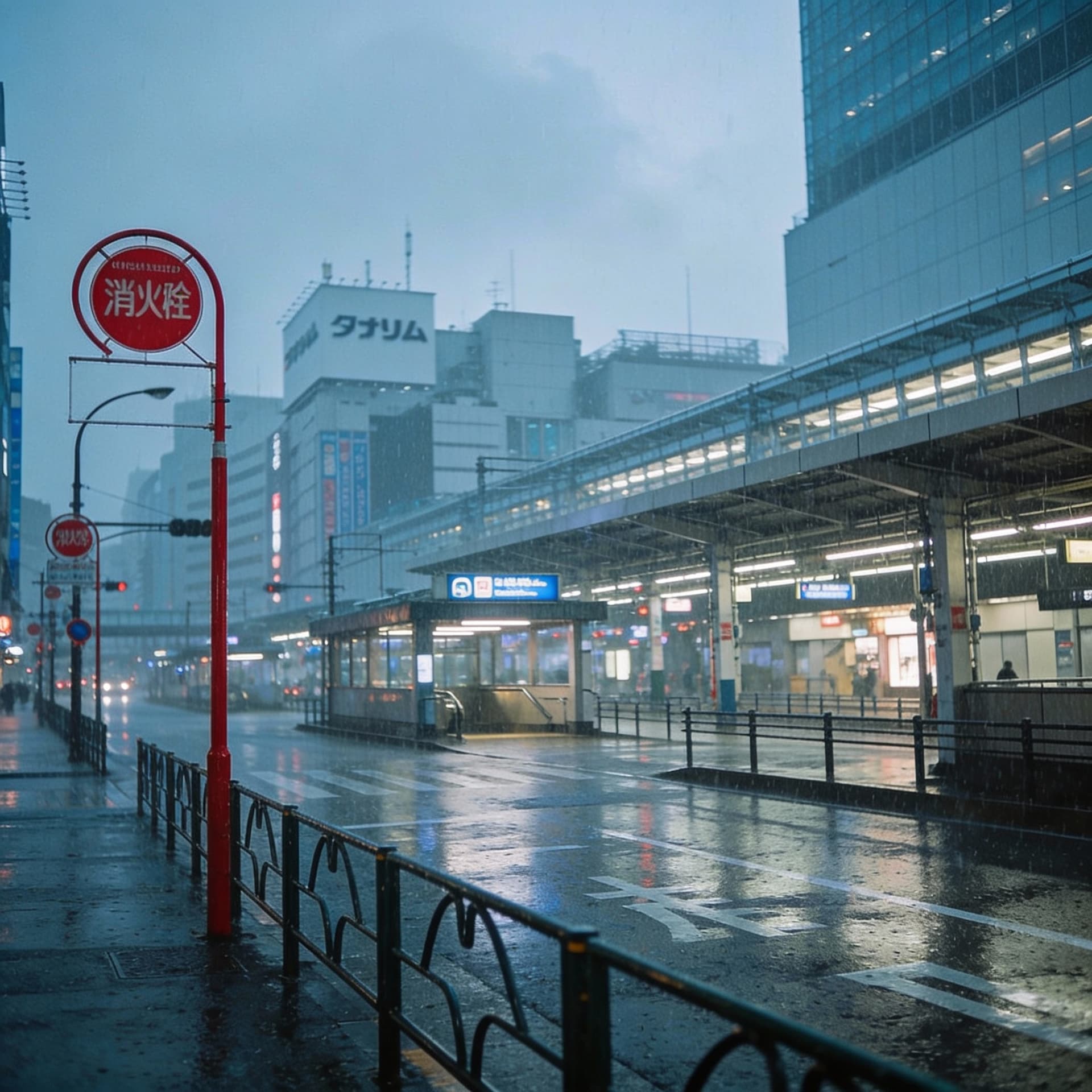 AI generated: Station in Shibuya. Low blue lights. Empty streets. Grey sky. Rain. Red street signs. fading shadows...