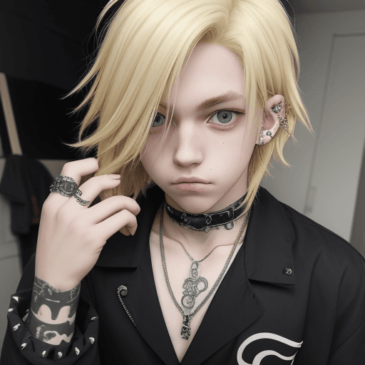 AI generated: Blonde hair, boy, anime, cute ass, piercings, goth, emo, no makeup, cute, no makeup