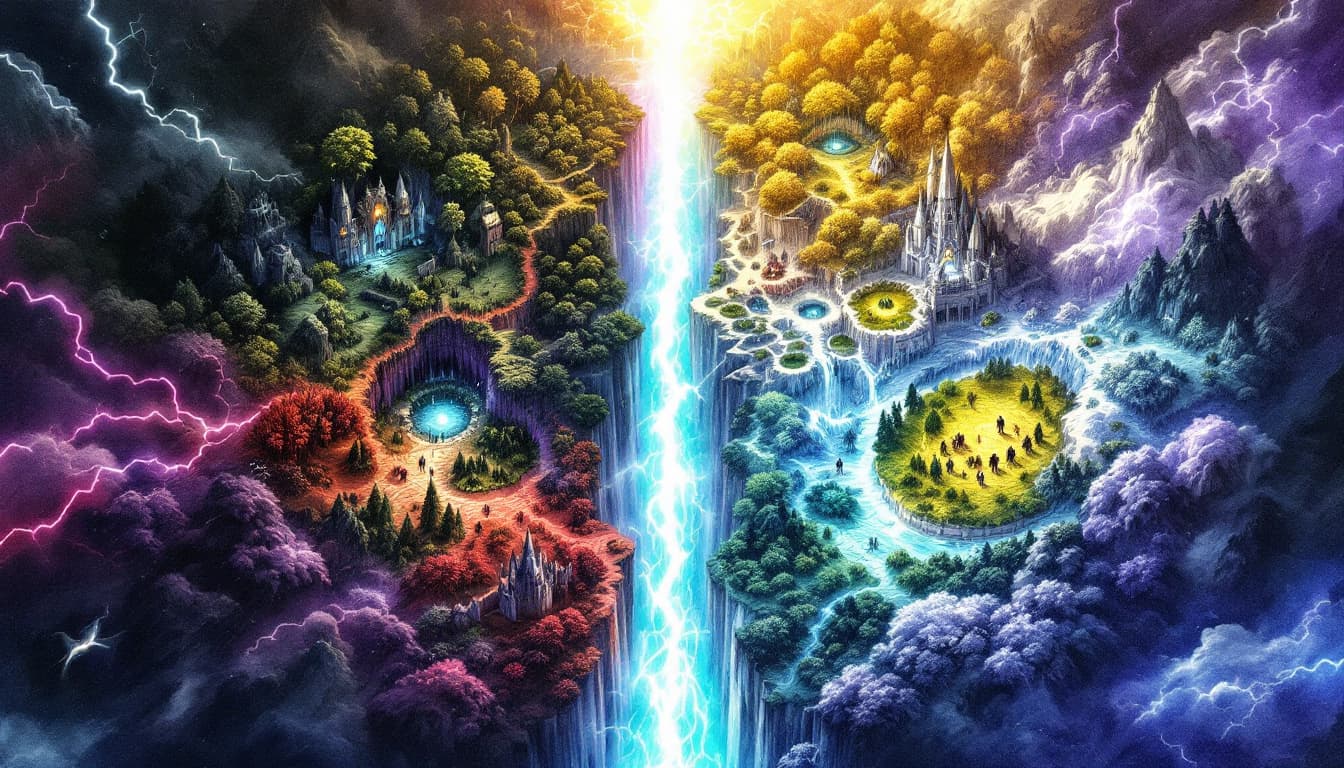 AI generated: A hand-drawn fantasy world map of The Hollow Veil, split into two contrasting realms:
➤ The Nightmar...