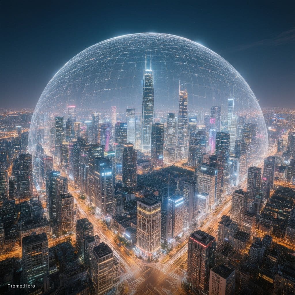 AI generated: An elongated photograph using long exposure, revealing the magnificence of a vast metropolis at nigh...