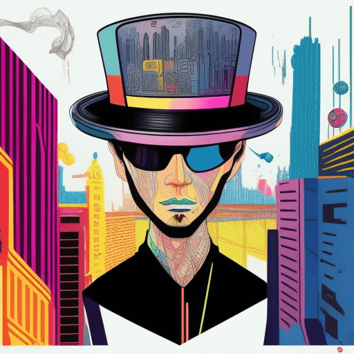 AI generated: drawing with a multi-colored hat, in the style of gloomy metropolises, pop culture mash-up, intricat...