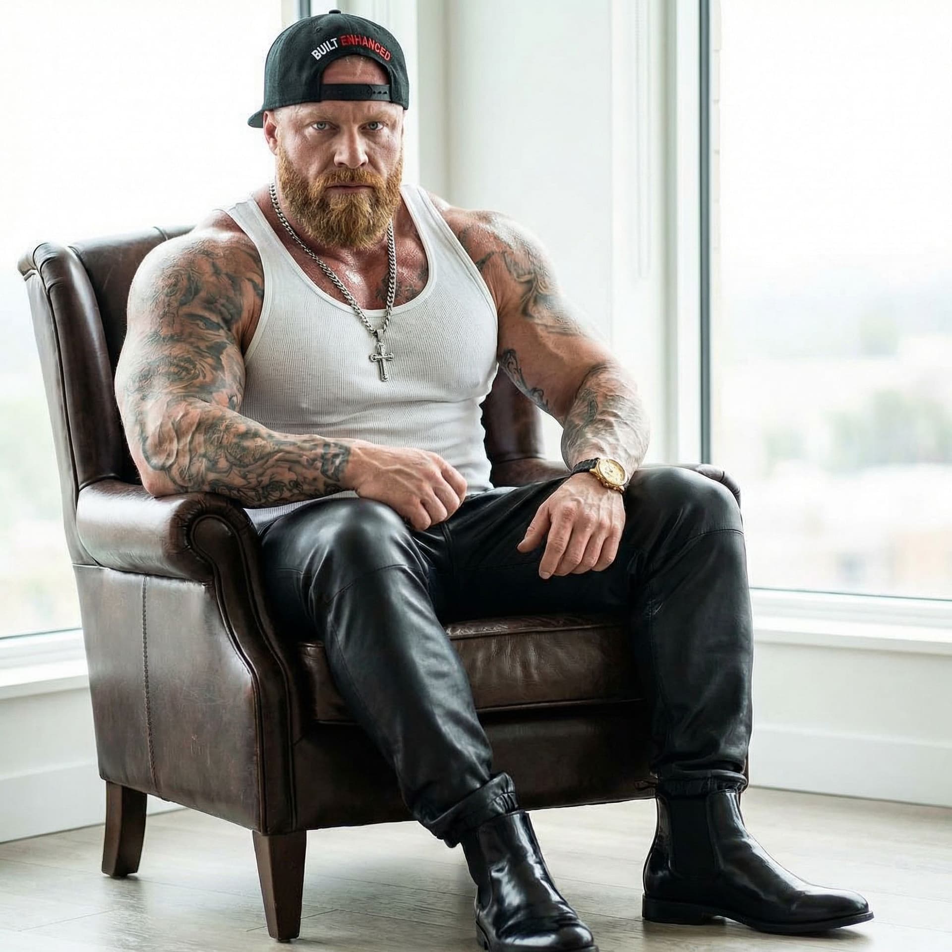 AI generated: Hyper-realistic portrait of an extremely muscular, massive Caucasian bodybuilder man in his mid-30s,...