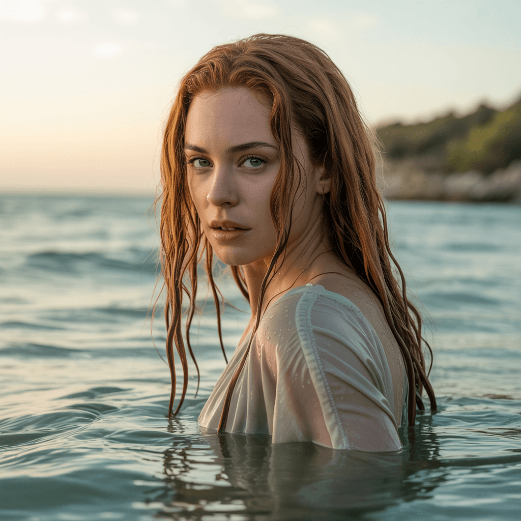 AI generated: A woman standing in the water coming out of the shore, staring at you.