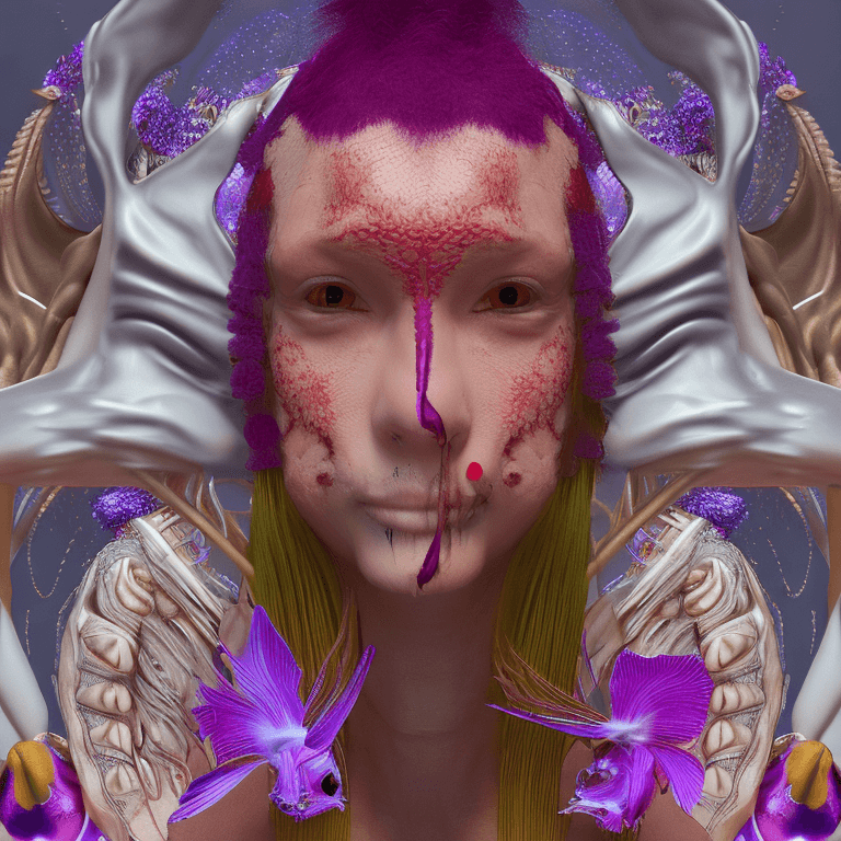 AI generated: Goddess close-up portrait ribcagel. jellyfish phoenix head, nautilus, orchid, skull, betta fish, bio...