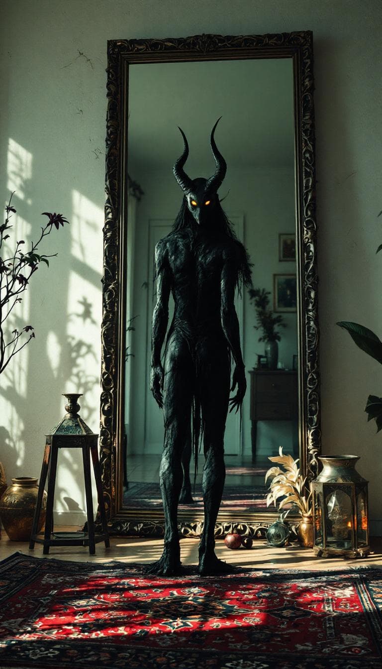 AI generated: "POV first-person. I am a male djinn, standing in front of a mirror in a bright, modern Iranian home...