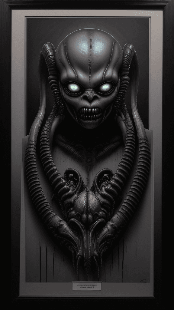 AI generated: "Dread-inducing Xenomorph RFKTR-style headshot framed((club card)):2.2 featuring H.R. Giger's master...