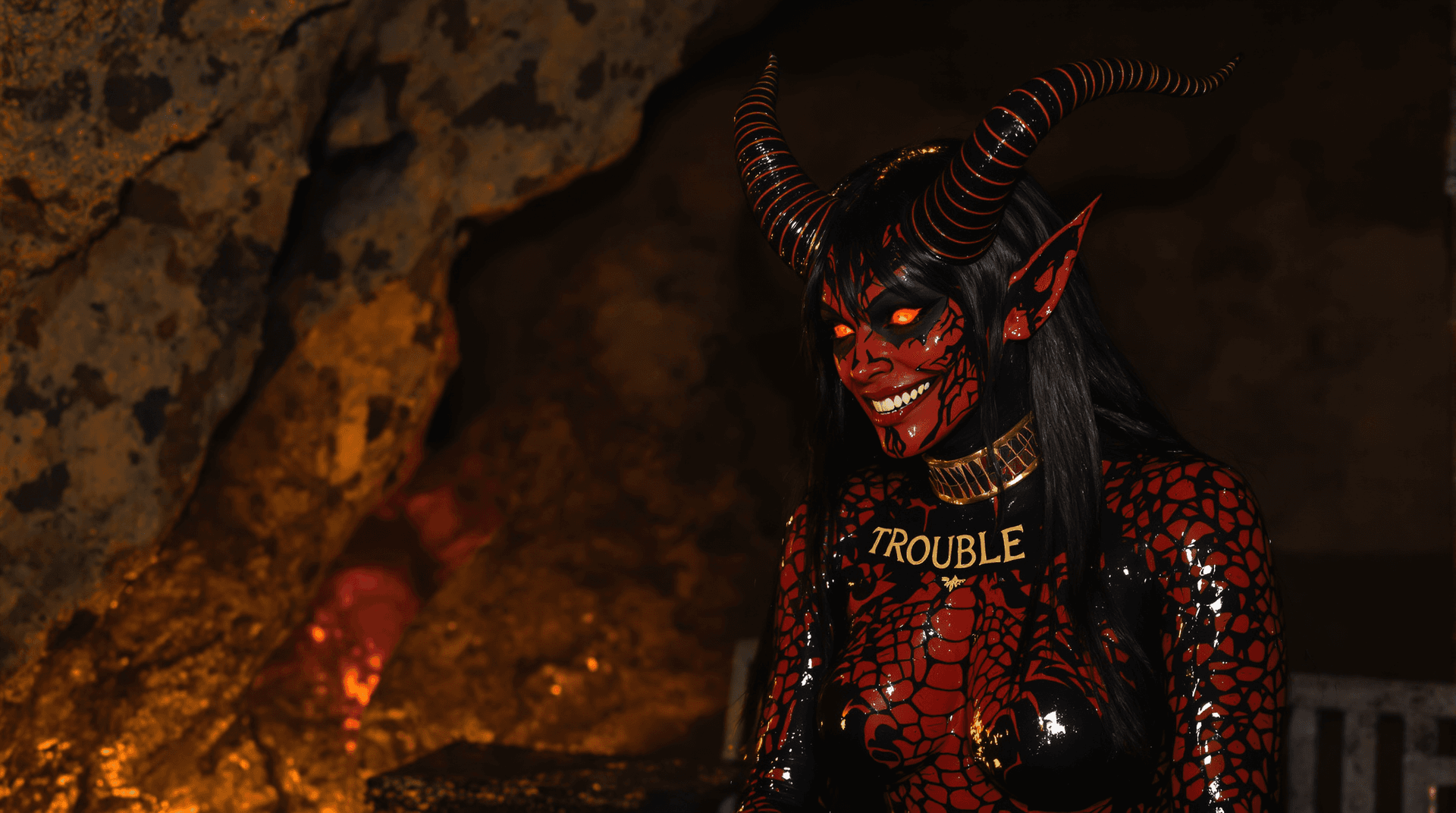 AI generated: Dark scene A toned, athletic female demon with red snakeskin pattern bodypaint and long, flowing bla...