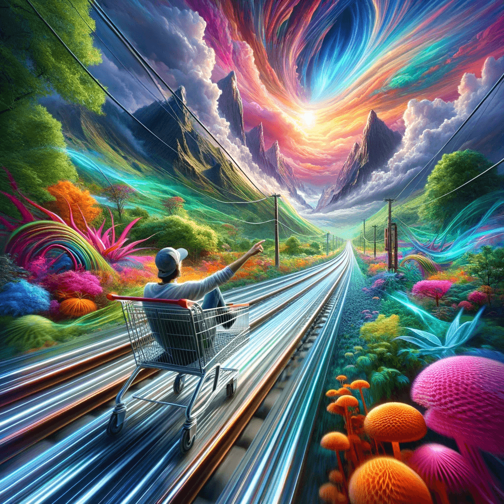 AI generated: Imagine feeling the rush of wind against your face as you speed down a railway in a simple shopping ...